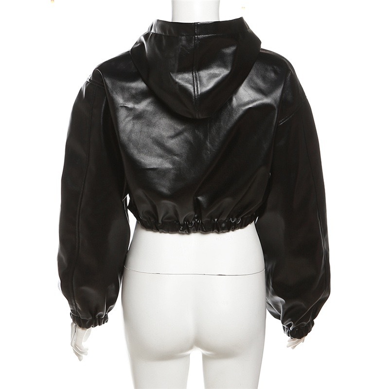 Trendy Faux Leather Hooded Cropped Jacket For Women - Streetwear Biker Style Zippered Long Sleeve Top_ecoleips.com