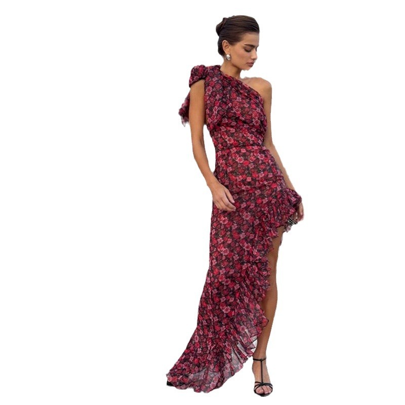 Amazon transfronterizo verano nuevo estilo europeo y americano ropa de mujer sexy hombro inclinado impresión de borde de loto vestido irregular mujer image 6