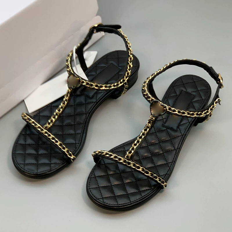 Металлическая цепь с алмазным узором, сандалии на каблуке, обувь, стиль Chanel, натуральная кожа