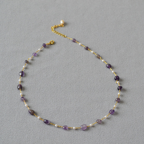 Japanese and Korean niche design purple and green genuine stone imitation pearl bead handmade woven minimalist short pendant necklace choker chain