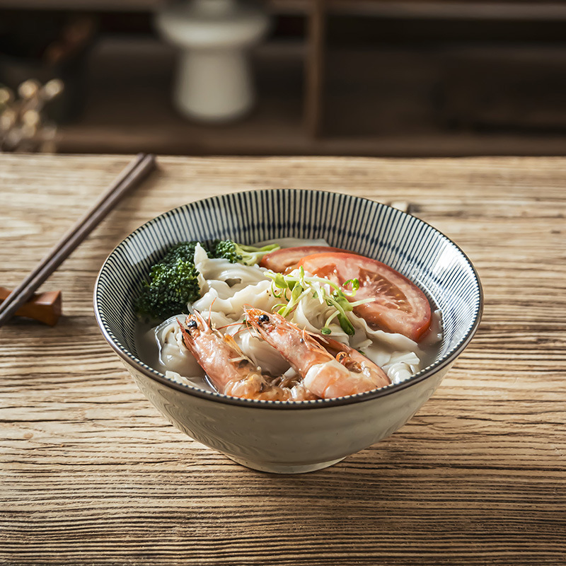 Tacos de mesa de cerámica retrógrada prácticos con rayas abiertas, tazón de fideos de alta calidad, tazón de ensalada de frutas, tazón de fideos doméstico para una persona