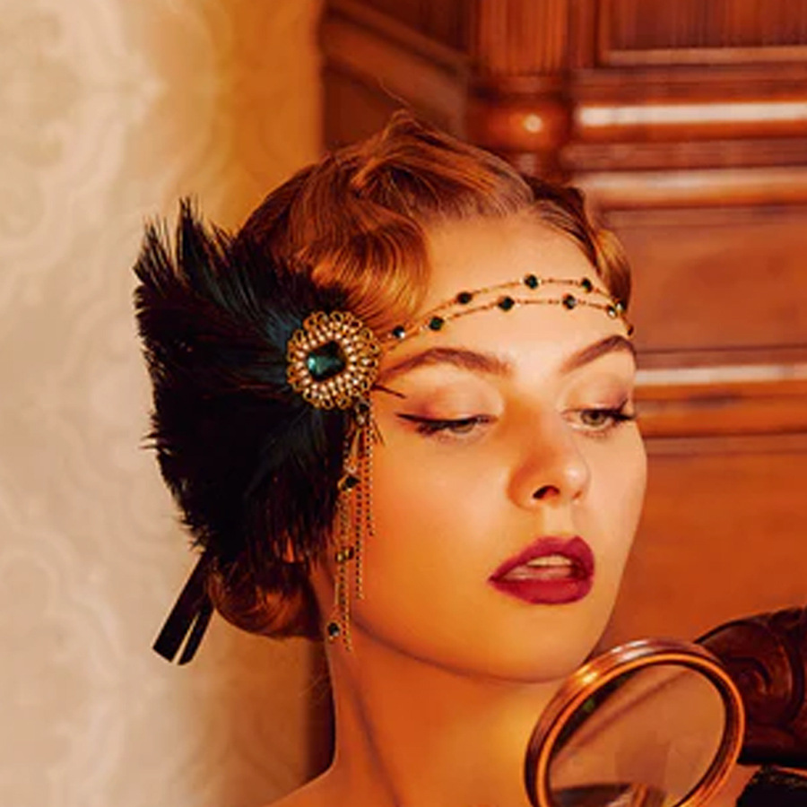 Masquerade feather hair accessories antique green tassel hair accessories exotic water drop headdress Headband