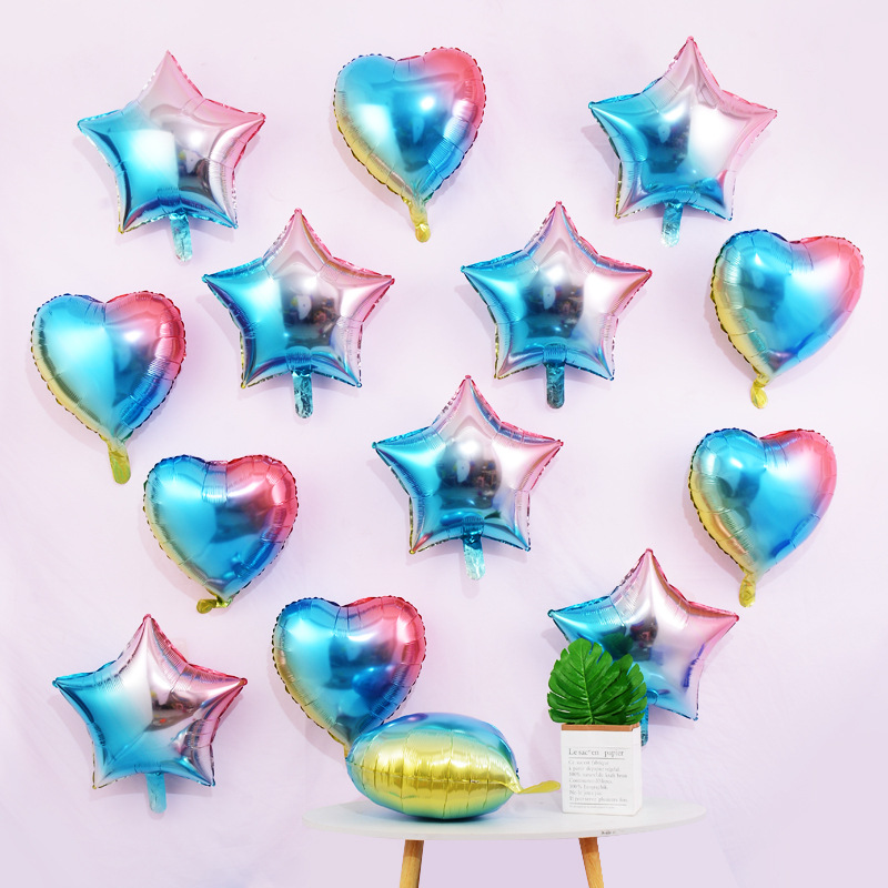 Arco iris degradado color amor papel de aluminio globo fiesta diseño decorativo globo de película de aluminio de estrella de cinco puntas de corazón de melocotón de 18 pulgadas