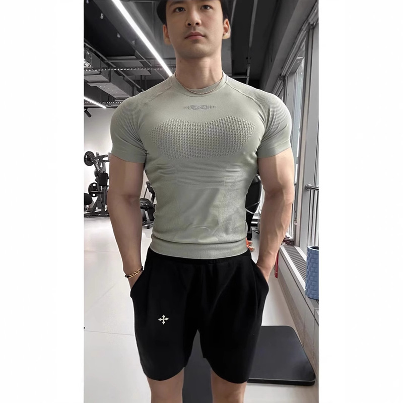 Grey Stretch Sports Short Sleeve Men's Muscle Tight Quick-drying T-shirt Seamless Running Cycling Training Fitness Suit