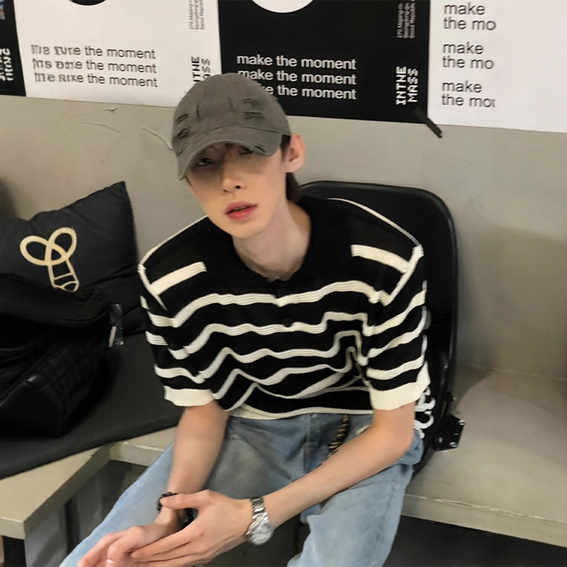 Black and White Striped Hollow Ice Silk Knitted Sweater American Polo Shirt Short-sleeved Men's Summer Design Sense Niche Lassel T-shirt