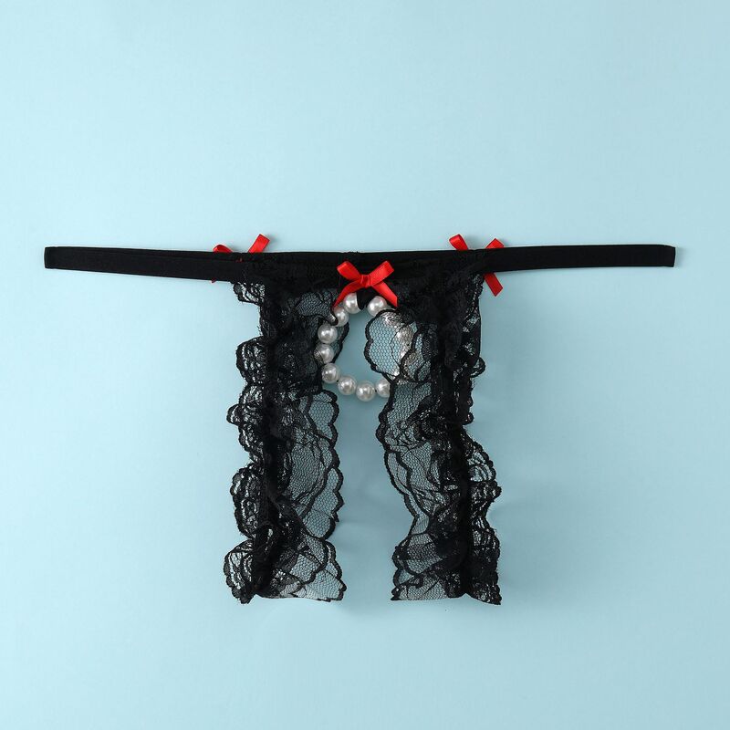 Men's Hot Bow Lace Thong, Charming Bead Ring Underwear, See-Through Cut Out Crotch, Low Waist Sexy Straps