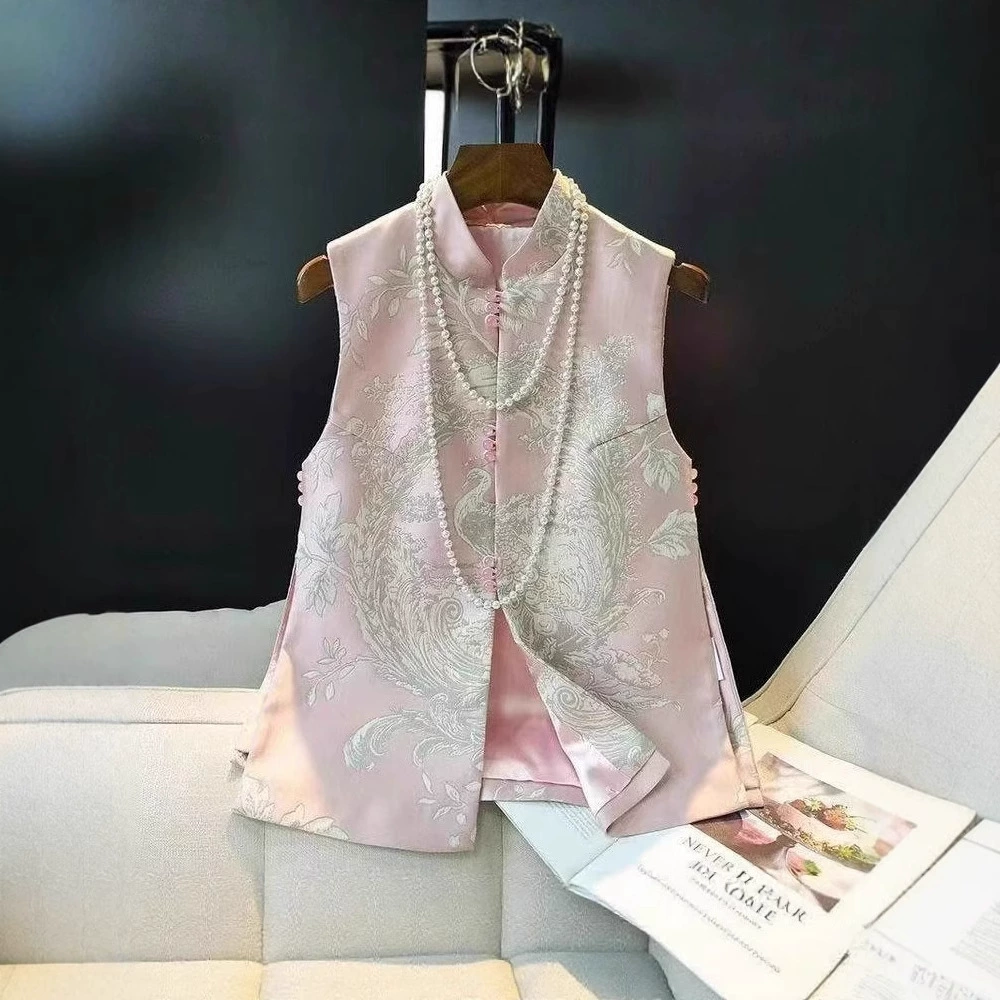 Женский жилет на пуговицах в китайском стиле, летний дизайн 2025 года, ретро-жаккардовый атласный топ-чонсам без рукавов, уменьшающий возраст