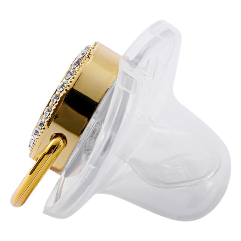 AliExpress Venta caliente oro transparente 26 corona carta bebé punto taladro jugando boca con diamante bebé chupete de oro
