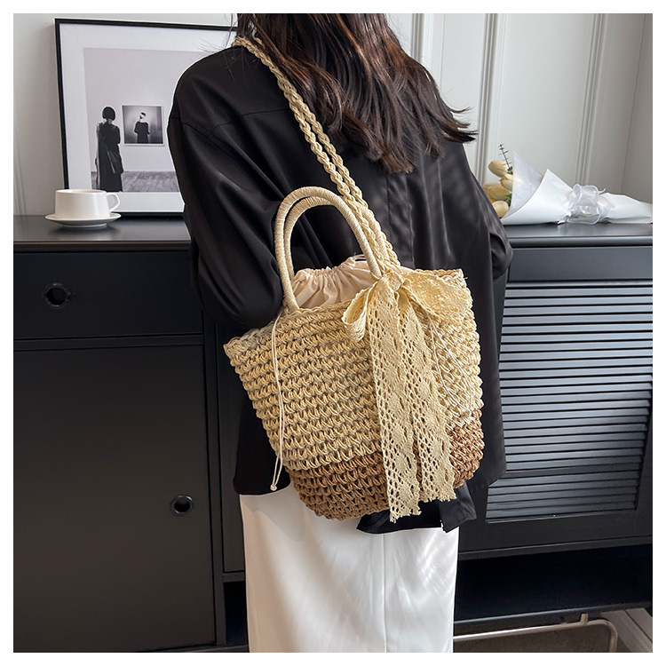 Women's Straw Shoulder Bag With Silk Scarf For Holiday Beach_voghion.com