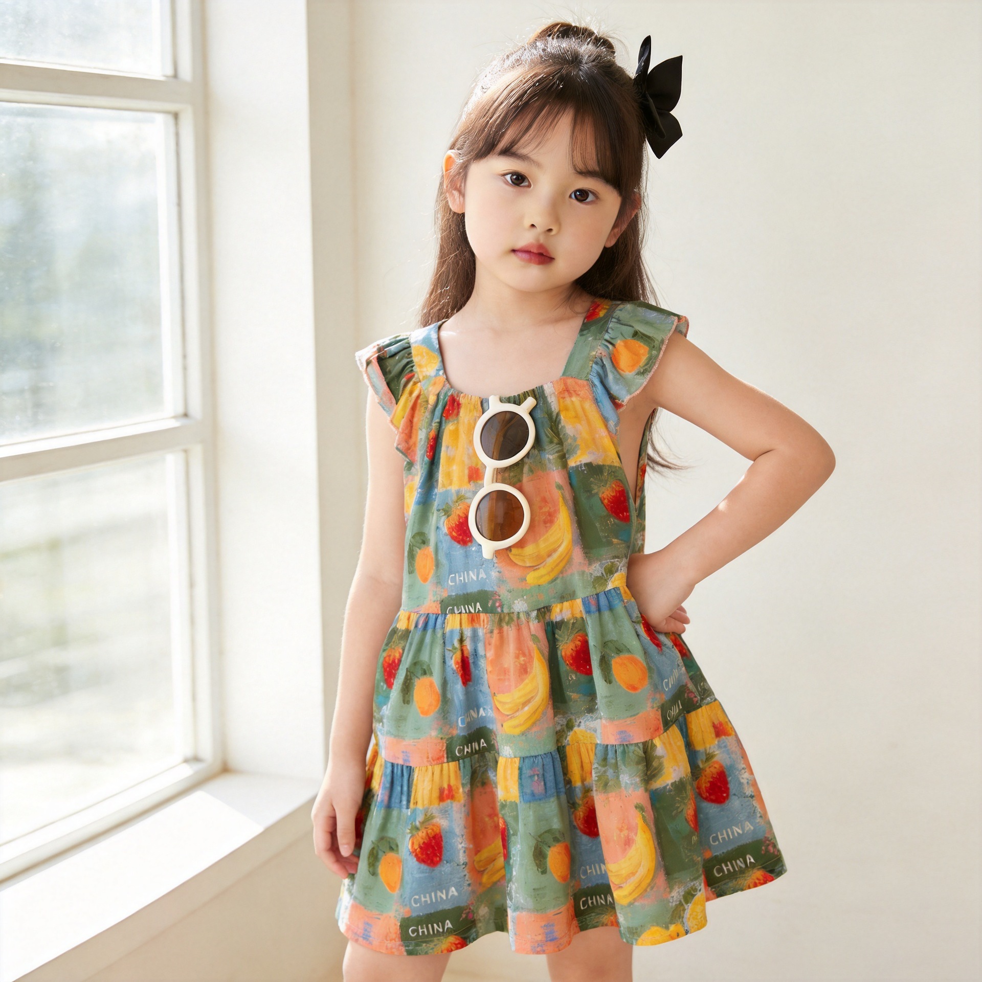 In stock: Children's floral cartoon casual style summer dress for girls, skin-friendly, light and mature style, cool cotton fabric.