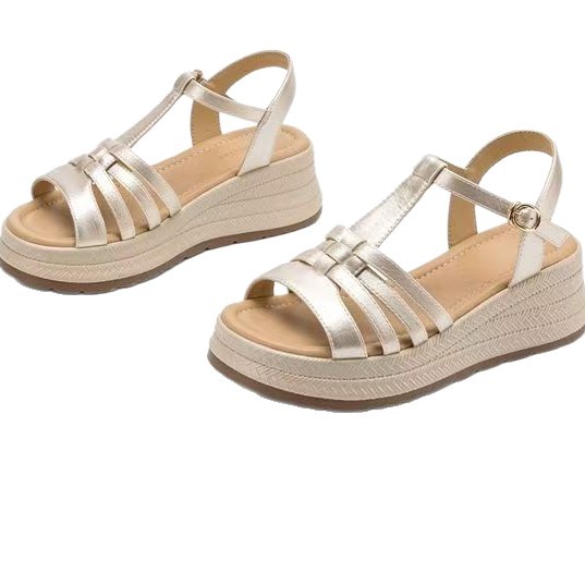 2026 verano nuevo cómodo dedo abierto altura zapatos de madre viajes sandalias romanas para mujeres retro hueco zapatos de tejido para mujeres