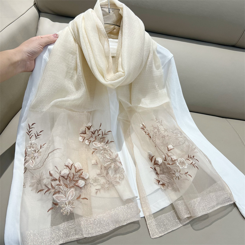 150g Weight Silk Scarf Classification Travel Occasion Polyester Material Flower Pattern Spring, Autumn Season Women's Gender Embroidery Design Elegant Style Women's Elegant Flower Polyester Embroidery Silk Scarf 6