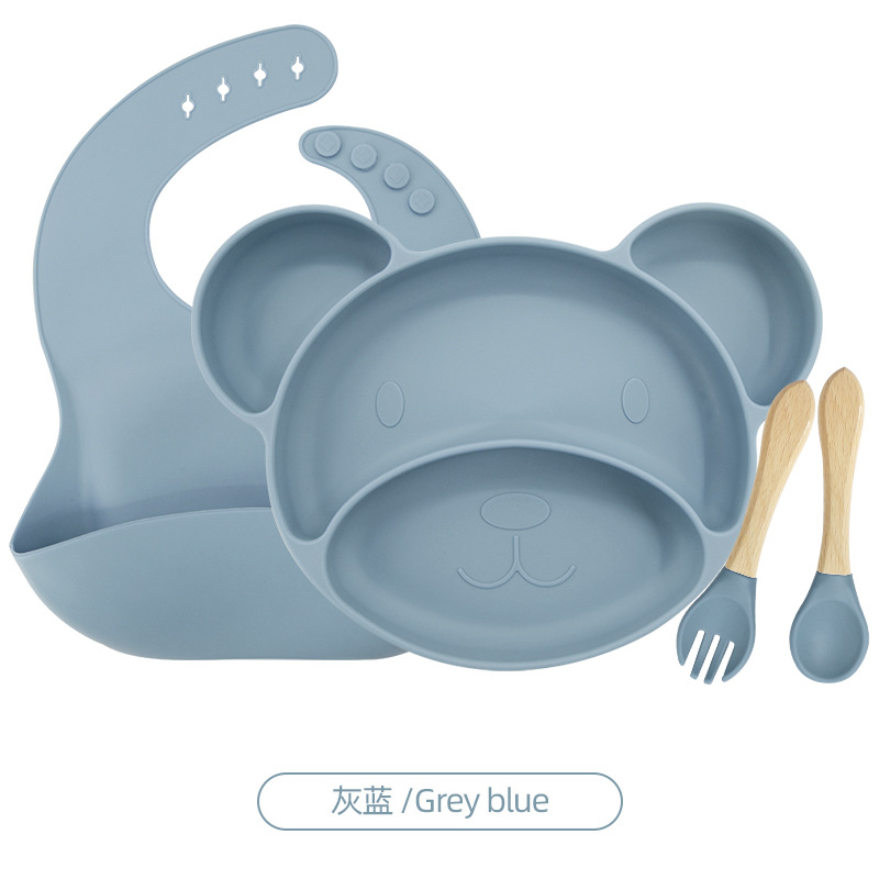 회색과 파란색 4 피스 세트 (턱받이 + 작은 미키 플레이트 + 나무 포크와 숟가락)