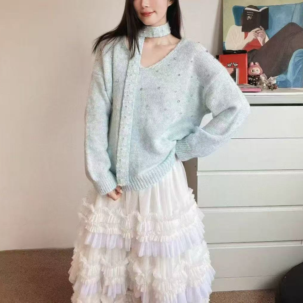 Ribbon Halter Thin Glitter V Neck Right Shoulder Knitted Sweater for Women 2025 Autumn Mid-Length Fake Two-Piece Top New French Style