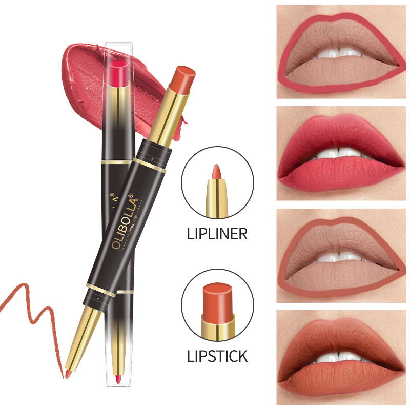 OLIBOLLA lápiz labial de doble cabeza delineador de labios 24 colores perlado color impermeable lápiz labial giratorio exclusivo transfronterizo