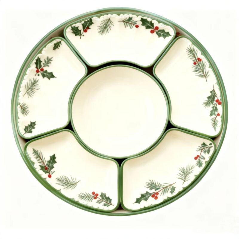 Cross-Border Melamine Lazy Susan Divided Platter Holiday Household Snack Tray Christmas American-Style 6-Compartment Dessert Tray