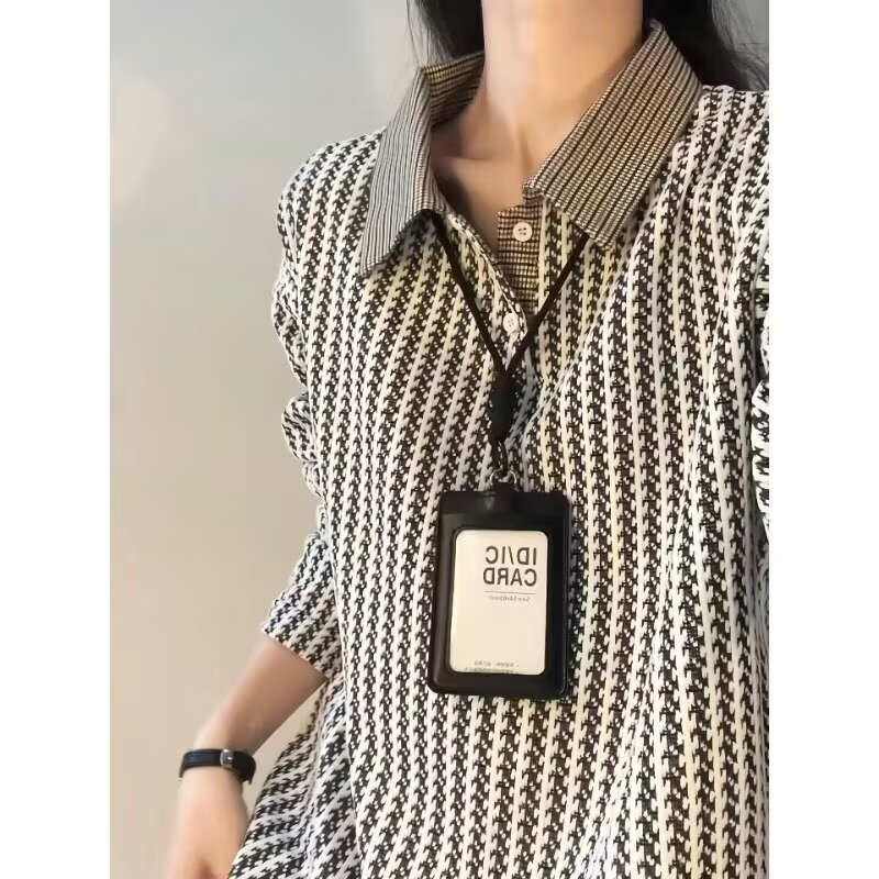 春秋季撞色鱼骨纹格子领女士P0L0衫长袖复古肌理宽松翻领套头上衣
