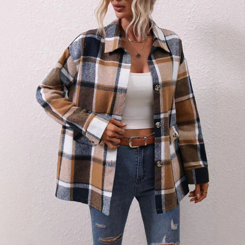 Fashionable and all-matching European and American women's coat autumn and winter red plaid thickened cardigan