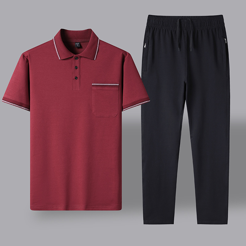 Traje deportivo informal de verano para hombres de mediana edad y mayores, conjunto de dos piezas de algodón para papá, camiseta polo de manga corta y pantalón largo, para el Día del Padre