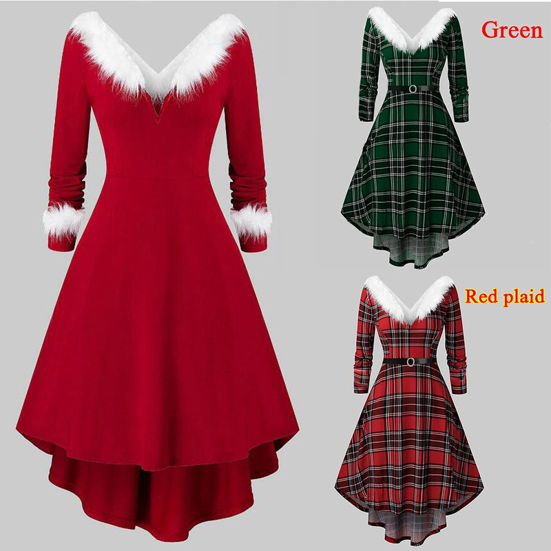 2025 European and American Autumn and Winter Cross-Border Popular Women's Clothing Christmas Long-Sleeved Plush High-Low Deep V Large Hem Dress