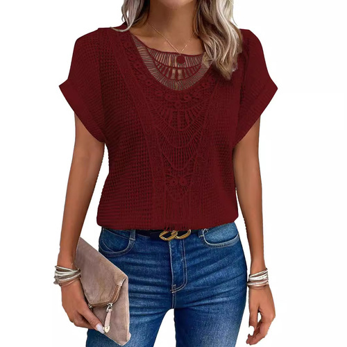 European and American Spring and Summer Independent Station Lace Patchwork Short Sleeve T-shirt Women's Clothing