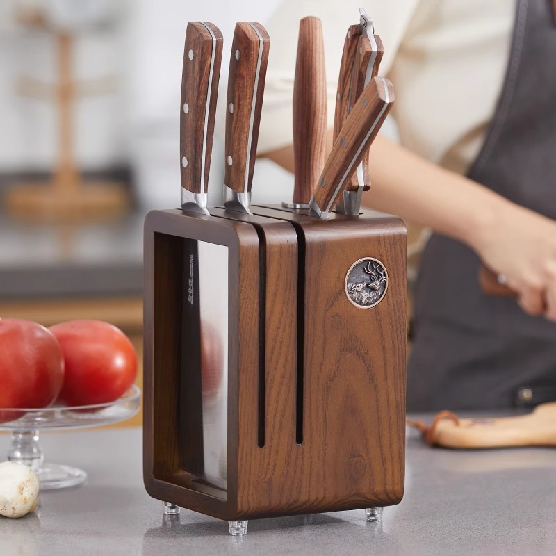 Knife Holder Storage Rack Kitchen Countertop Solid Wood Knife Storage Rack Household Knife Holder Ventilated Mildew-Proof Drain Kitchen Knife Rack