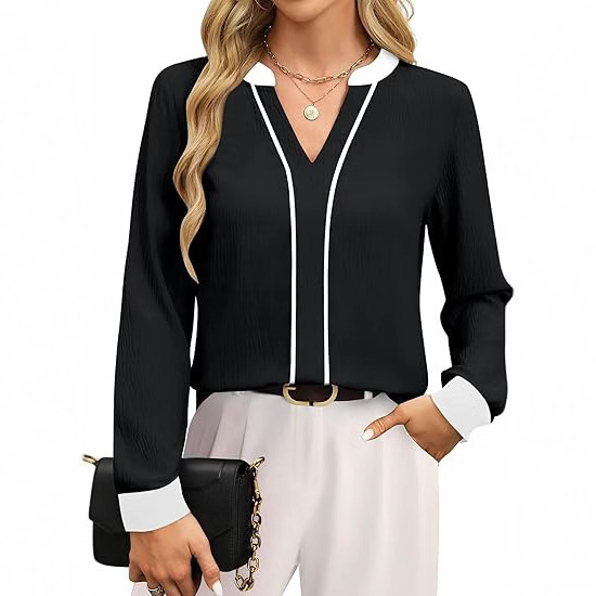 European and American Amazon fashion casual V-neck color matching business casual shirt long sleeve work shirt fashion clothing