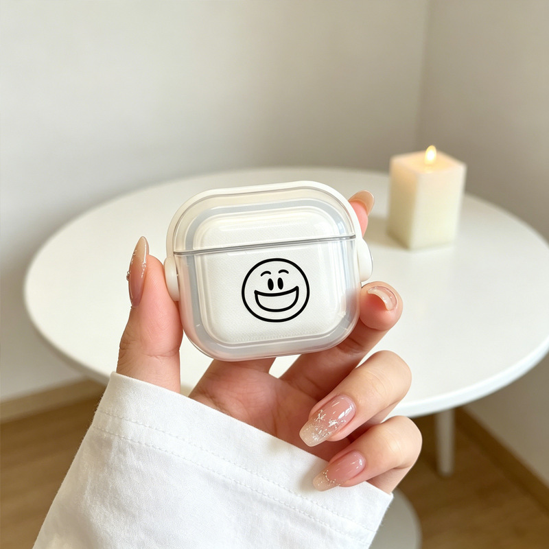 Transparent Shell with a Simple Smiley Face Design Suitable for Apple AirPods 1/2/3 Generation Protective Case with Stand