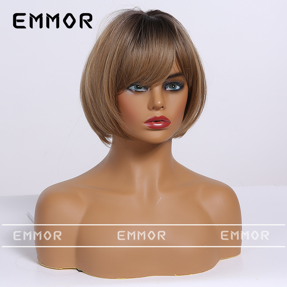 Emmor comercio exterior peluca de moda transfronteriza cabeza teñida cinta de platino negro bangs pelo corto recto peluca de cabeza completa hembra