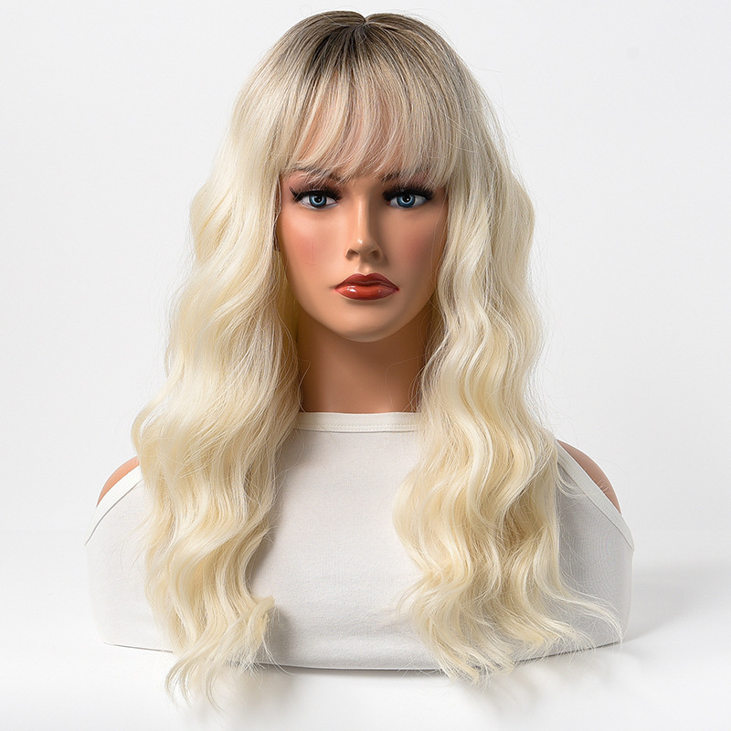 synthetic wig pink with dyed long curly hair on top wig women's full head cover_voghion.com