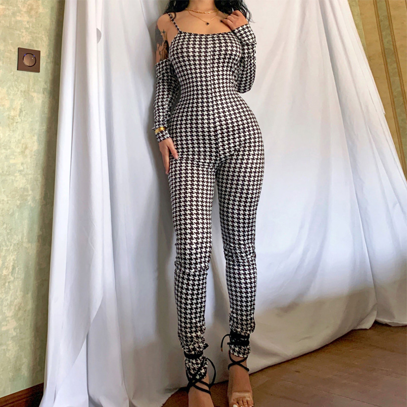 backless sling long-sleeved tight houndstooth print jumpsuit NSJYF118062