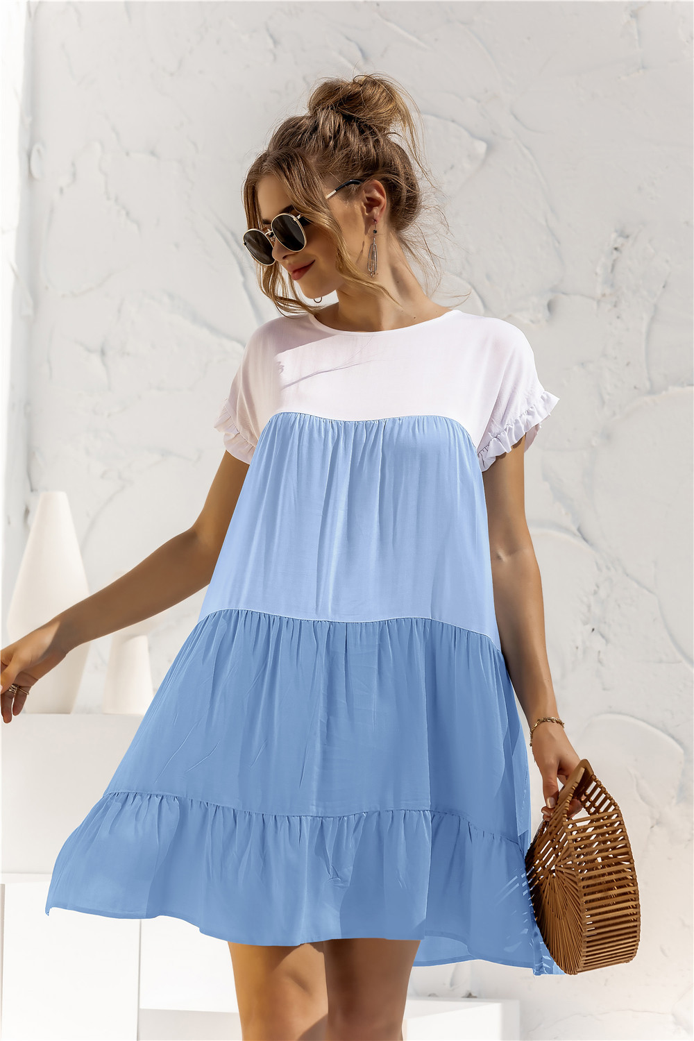 Women's Tiered Skirt Fashion Round Neck Patchwork Short Sleeve Color Block Above Knee Daily display picture 42