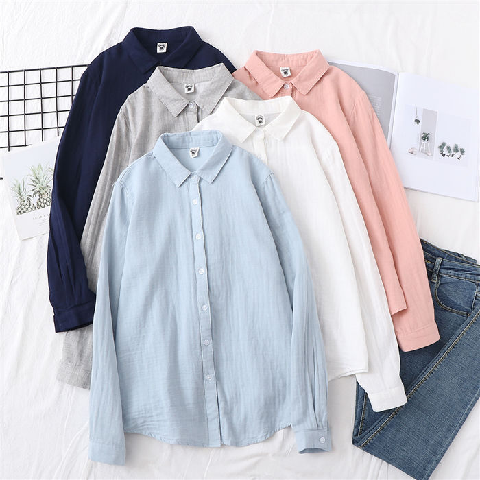Factory Direct Sales Pure Cotton Pointed Collar Double-Layer Yarn Long-Sleeved Basic Women's Shirt Versatile Spring & Fall Women's Shirt Factory Direct Sales Pure Cotton Pointed Collar Double-Layer Yarn Long-Sleeved Basic Women's Shirt Versatile Spring & Fall Women's Shirt