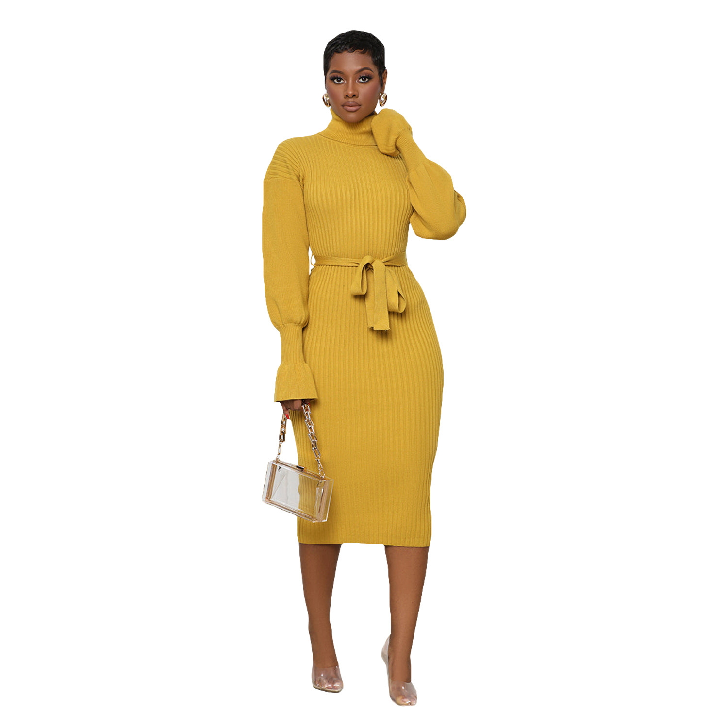 Women's Clothing solid color high collar knitted strap dress_voghion.com