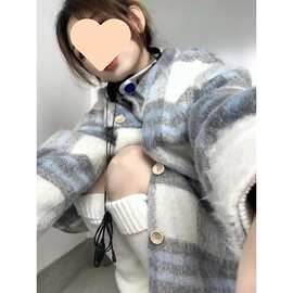美式小香风格子外套女毛呢秋季新款宽松慵懒感文艺森系开衫上衣潮
