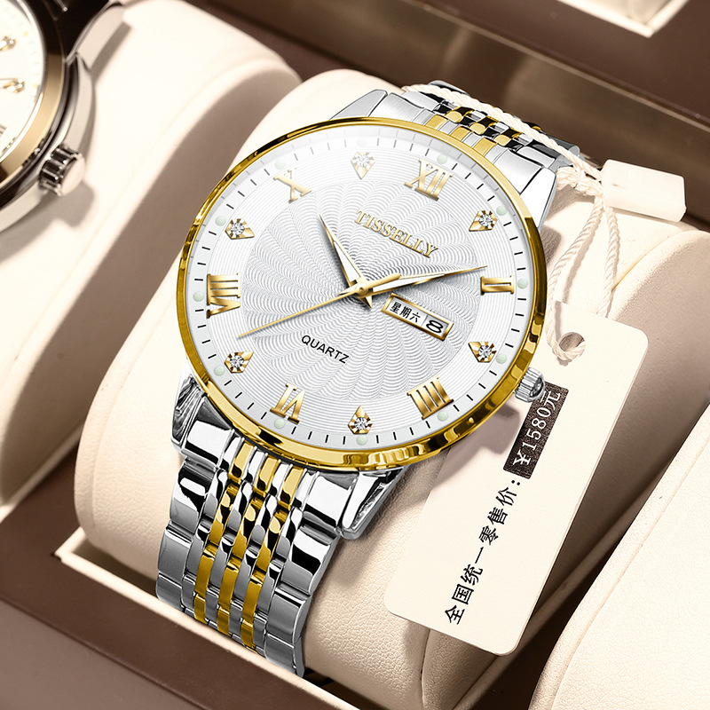 Swiss Brand Quartz Watch Steel Band Dual Calendar Men's Watch Waterproof Luminous Live Broadcast Foreign Trade Hot Model Dropshipping