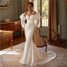 Wedding Dress  欧美高级感一字肩V领抹胸鱼尾轻婚纱小拖尾大气款