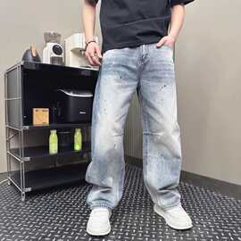 春夏新款刺绣克罗男士直筒牛仔裤休闲宽松复古做旧设计感做旧水洗