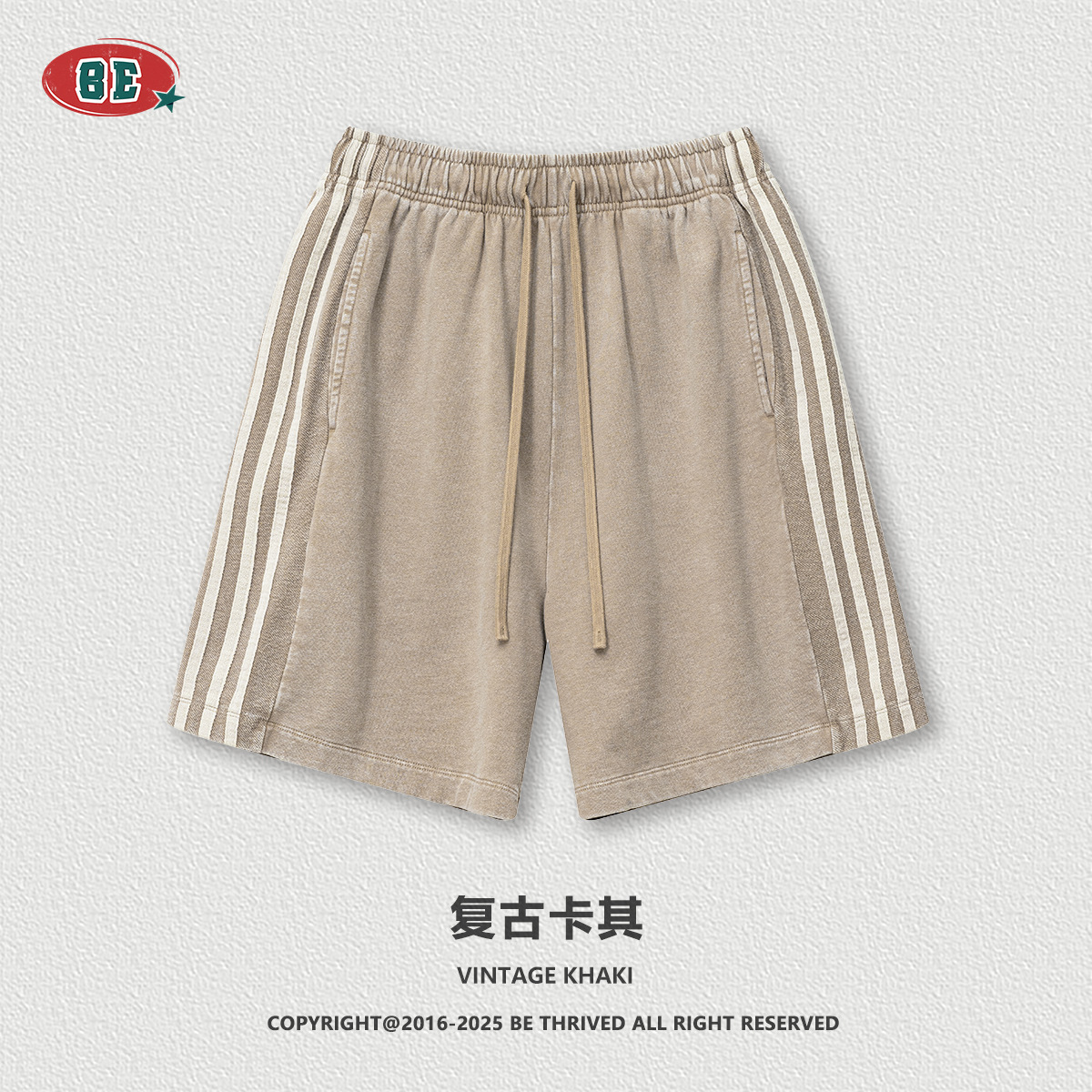 BE Men's Wear 2025 Summer Europa y Estados Unidos marca de moda lavado pantalones cortos casuales sueltos laterales de tres barras de gran tamaño pantalones de cinco puntos hombres