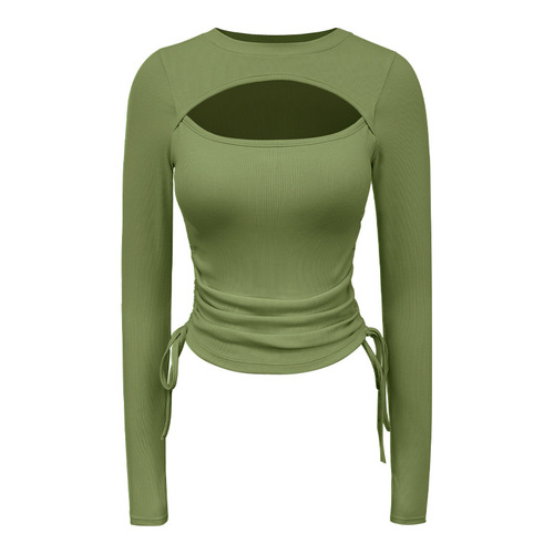 Yoga attire women autumn and winter knitting base shirt sports outdoor fitness top with drawstring long sleeve t-shirt