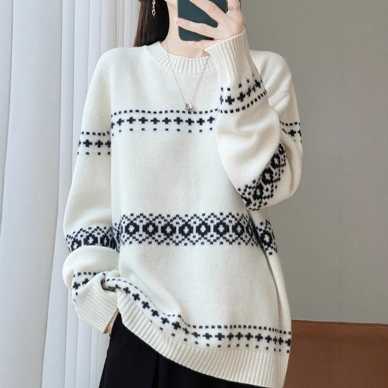 New Autumn and Winter Jacquard Cashmere Base Shirt, 100% Wool Knit Sweater for Women, Loose and Versatile, Thickened Half-Turtleneck Sweater