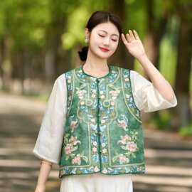 精致绣花网纱马甲女夏季民族风服饰批发圆领背心新中式薄款马夹