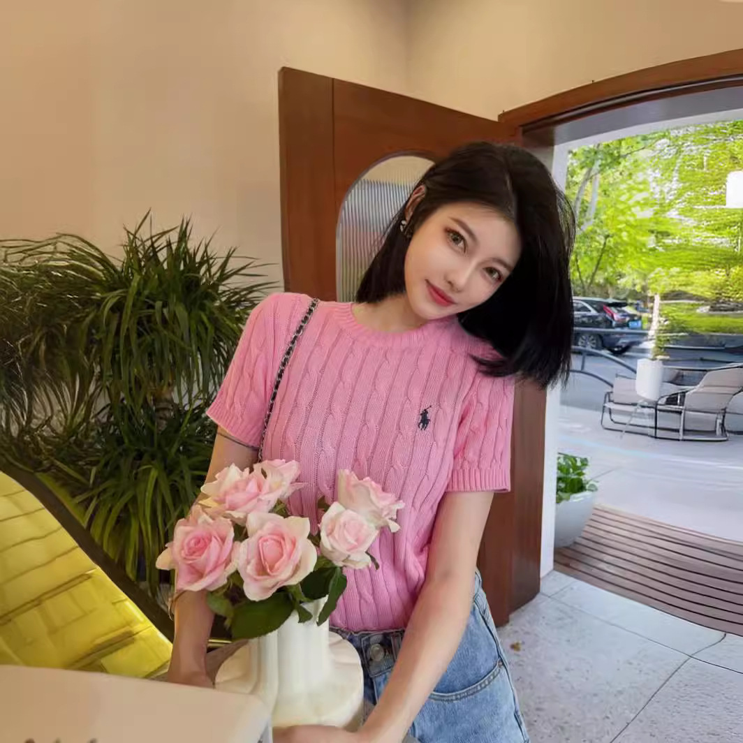 Pony, knitted summer fitted cute sweater with a round collar, with embroidery, with short sleeve