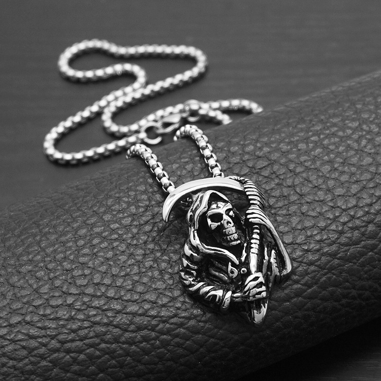 Gothic Grim Reaper Scythe Skull Pendant Necklace For Men Titanium_voghion.com