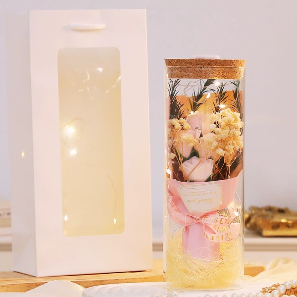 [5 pink thumb flowers bouquet with gift bag]