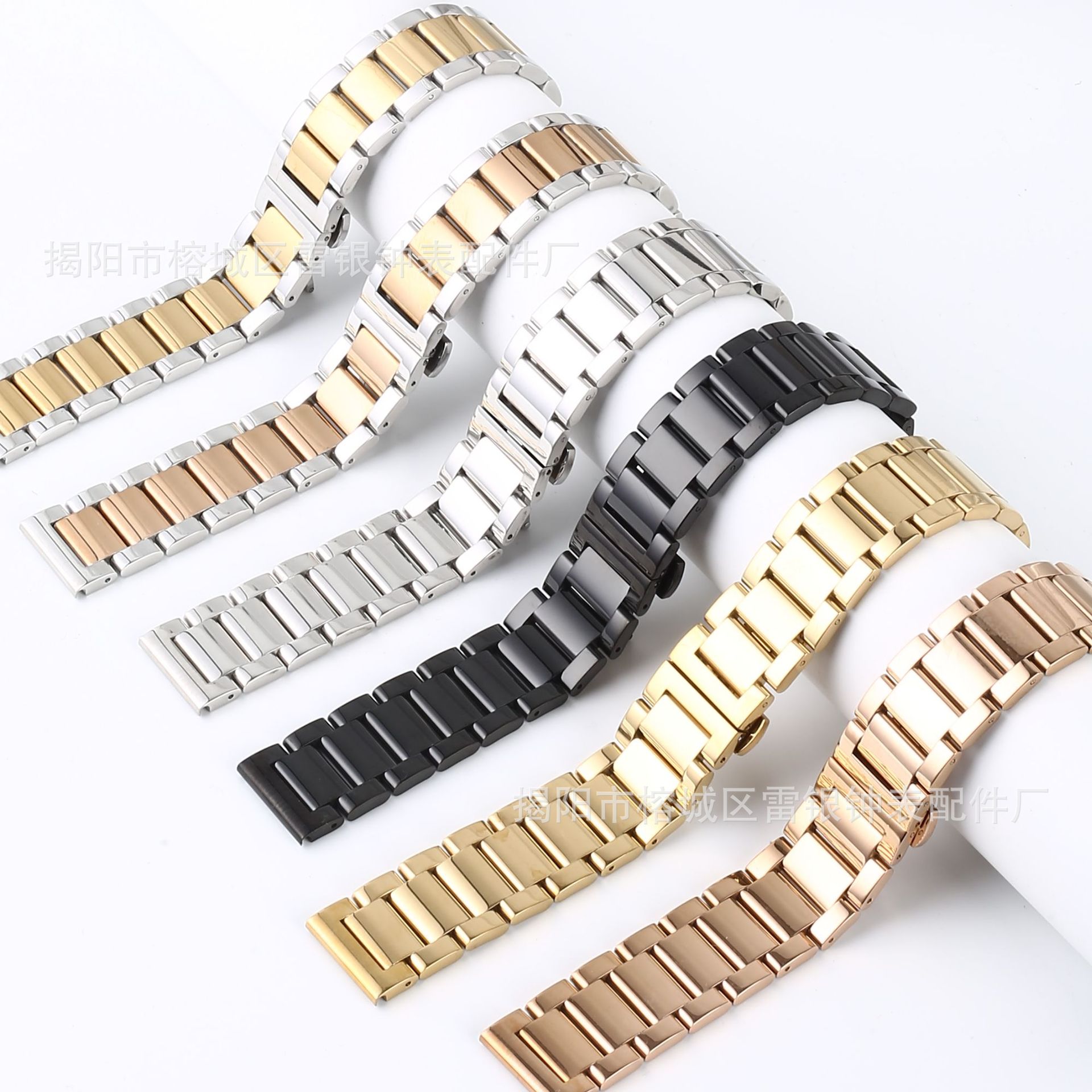 代用万宝路三珠表带实心不锈钢双按蝴蝶扣智能手表表带真空电镀通