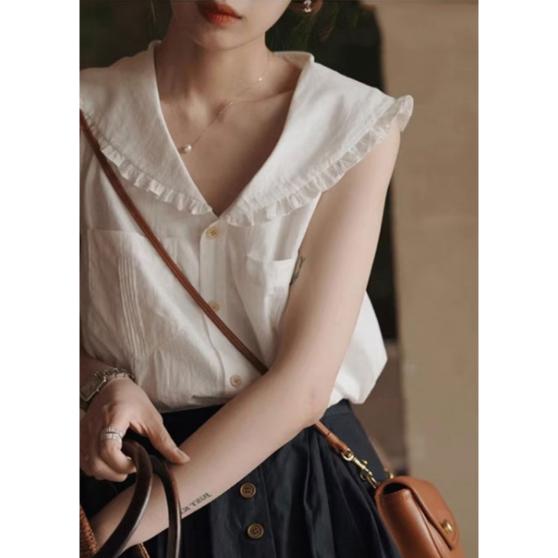 Cross-Border Xinjiang Long-Staple Cotton French Retro Lazy Style White Sailor Collar Ruffled Edge Vest-Style Summer Sleeveless Shirt