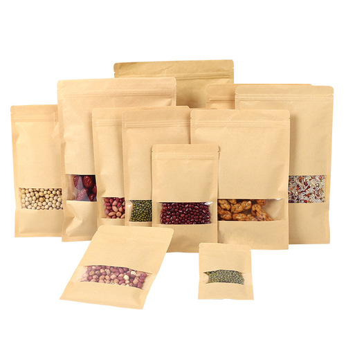 Kraft paper flat-bottom self-sealing bag with window Kraft paper bag for nuts, tea, food packaging bag dried fruit sealed bag