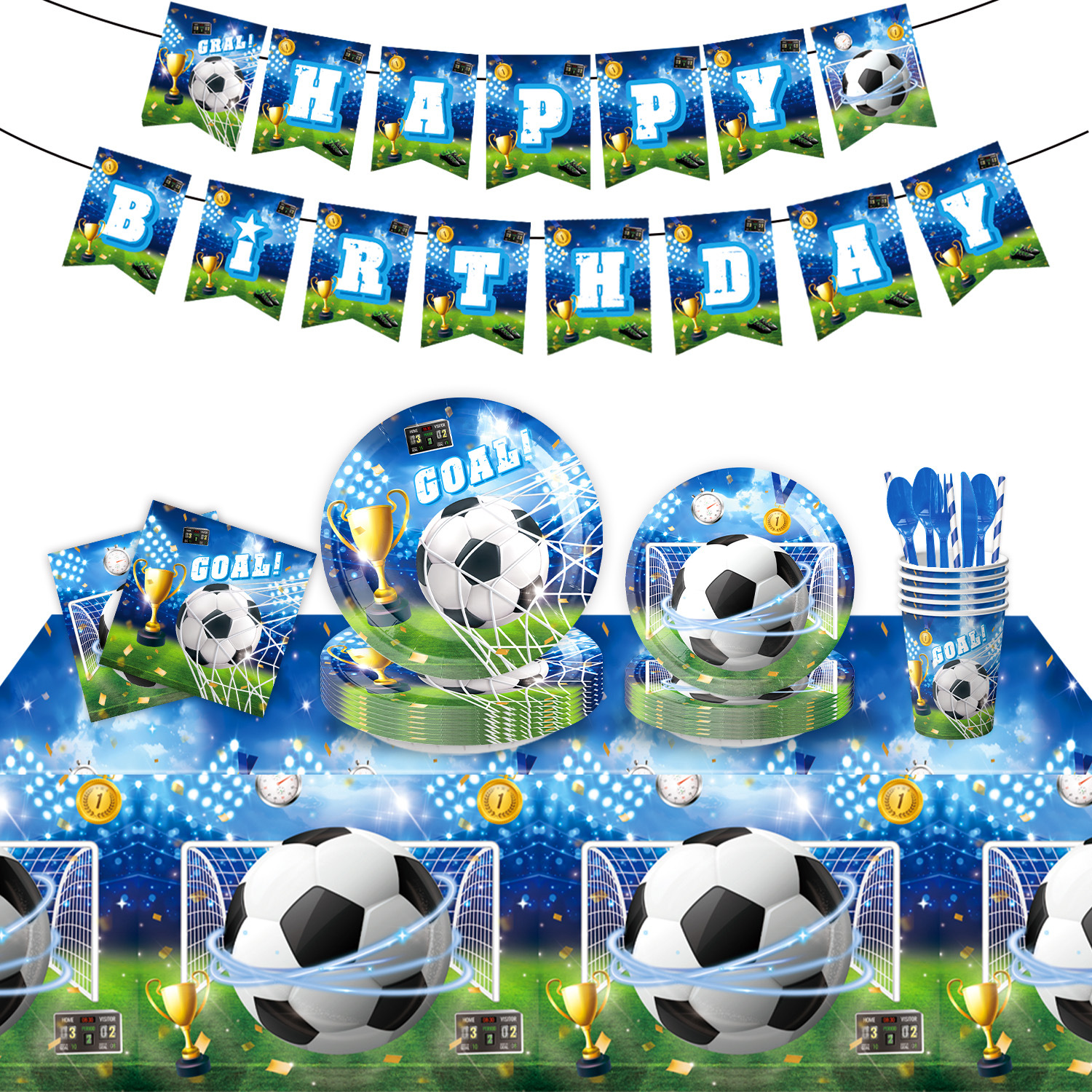 Nuevo tema de fútbol azul Copa del mundo juego deportivo vajilla vasos de papel desechables toallas de papel banderas adornos de mantel