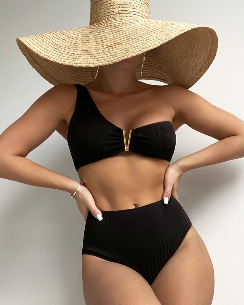2024 Costume de baie noi multicolore cu un singur umăr, decolteu în V, cu imprimeu de primăvară termală, sexy, cu talie înaltă, triunghiular, divizat_voghion.com